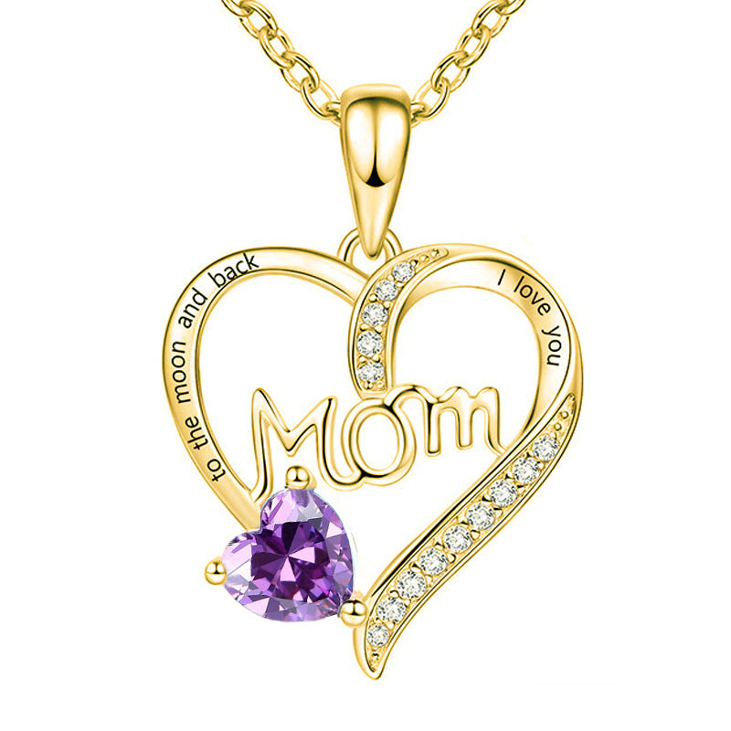 Wholesale Mother's Day Mom Heart-shaped Engraved Diamond Alloy Necklace